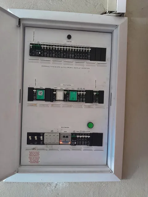 White wall-mounted distribution board with labelled circuits