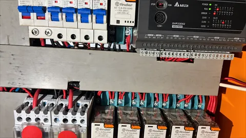 Control panel with a PLC, relays, breakers and motor contactors